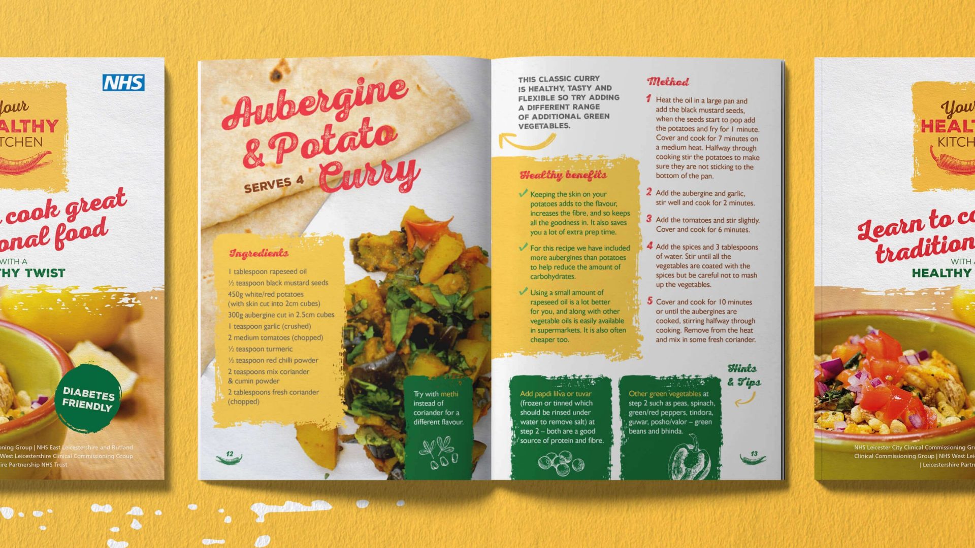 A booklet page spread showcasing the Your Healthy Kitchen brand and Recipe examples