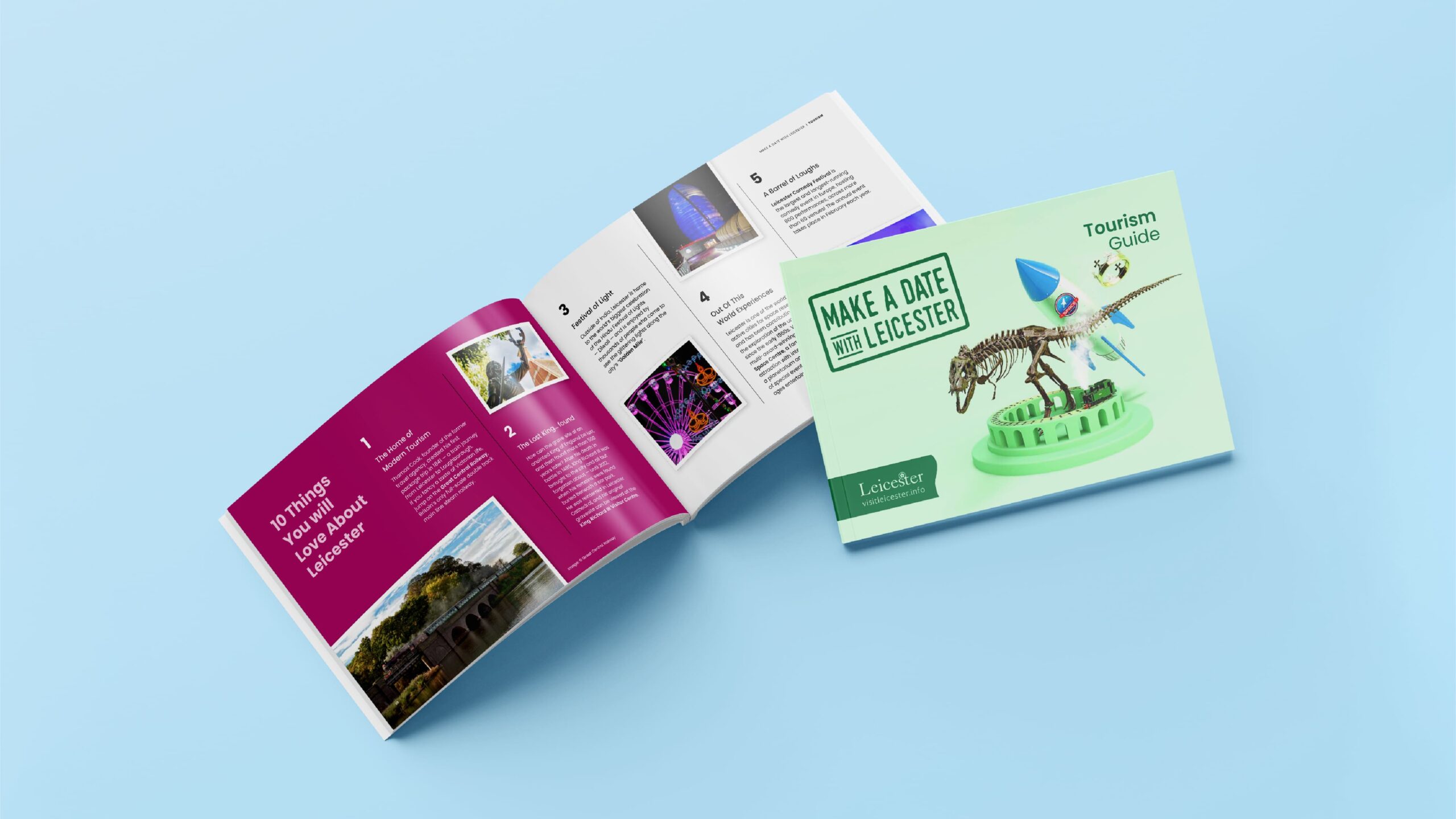 Cover and inside spread of the Tourism Guide for the Leicester Make a Date campaign