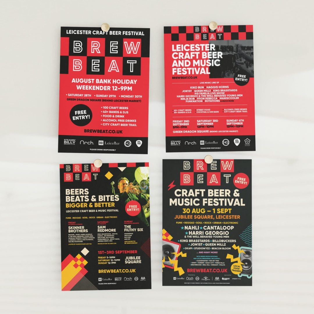 A grid of four Brew Beat posters showing design development.