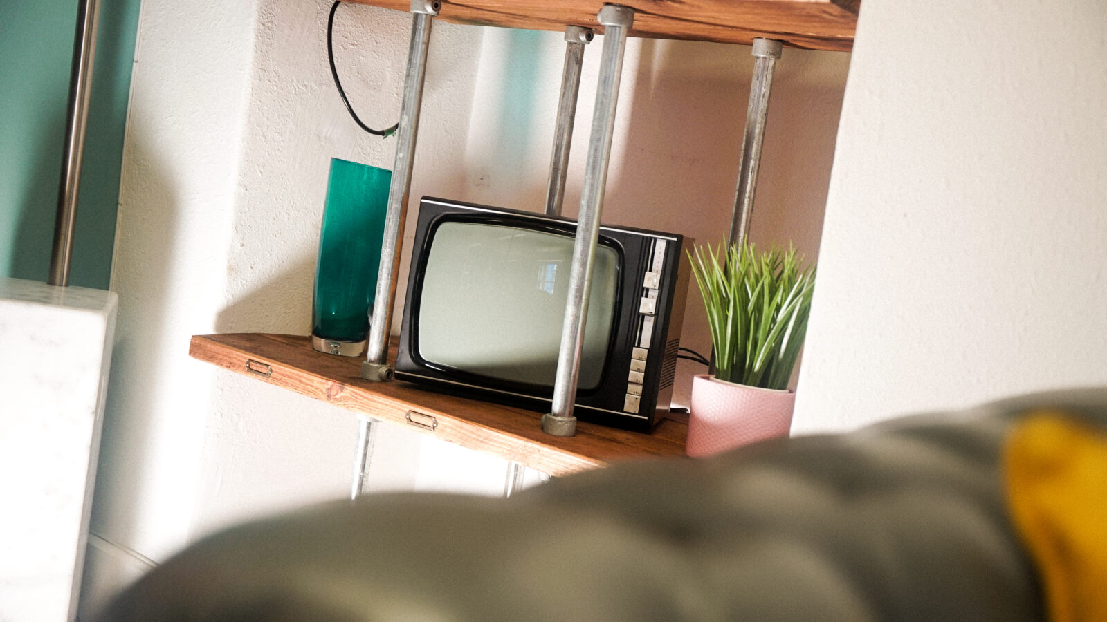 Studio shelves with retro tv and decor