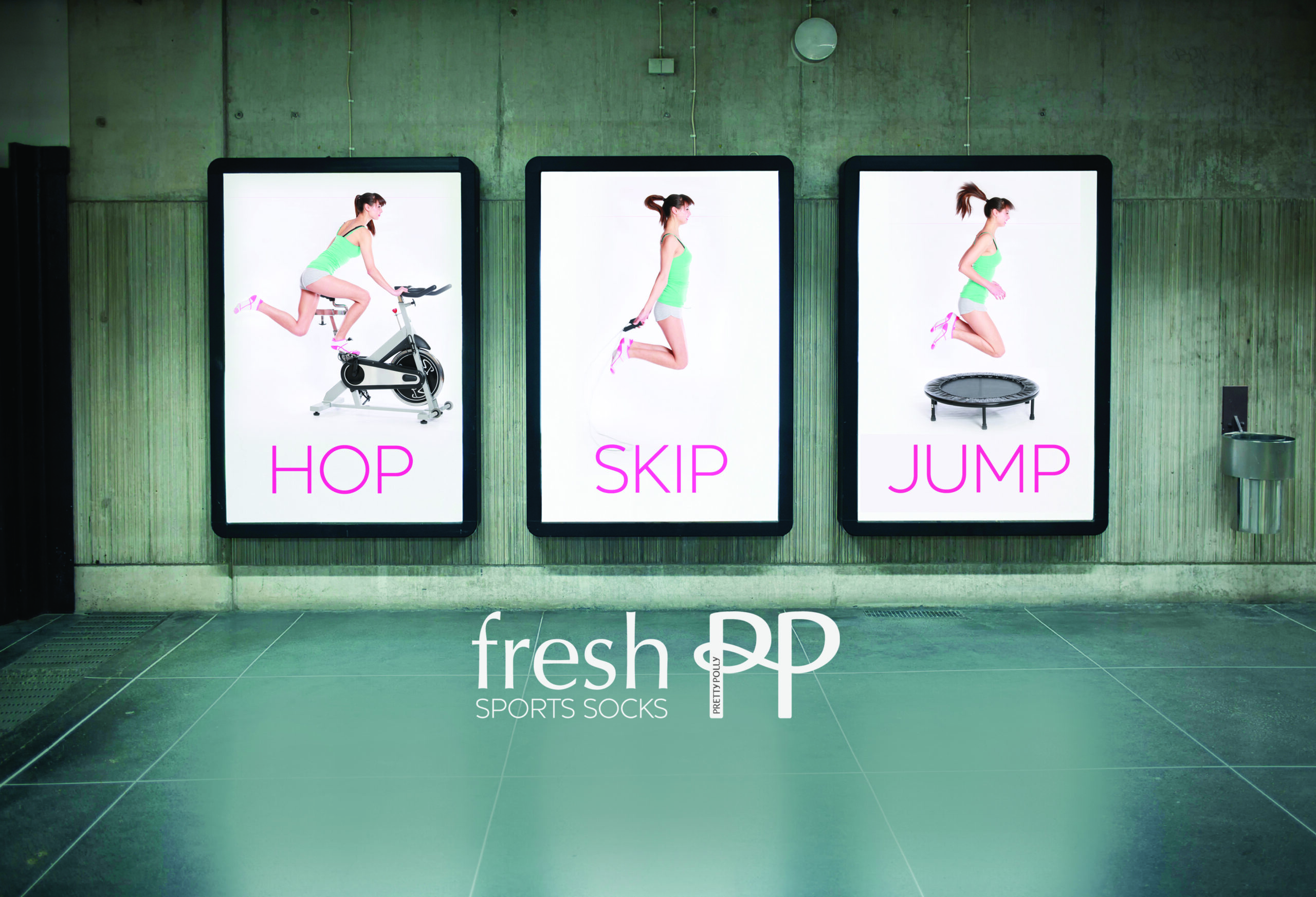 A triptych of Hop, Skip, Jump posters for Pretty Polly