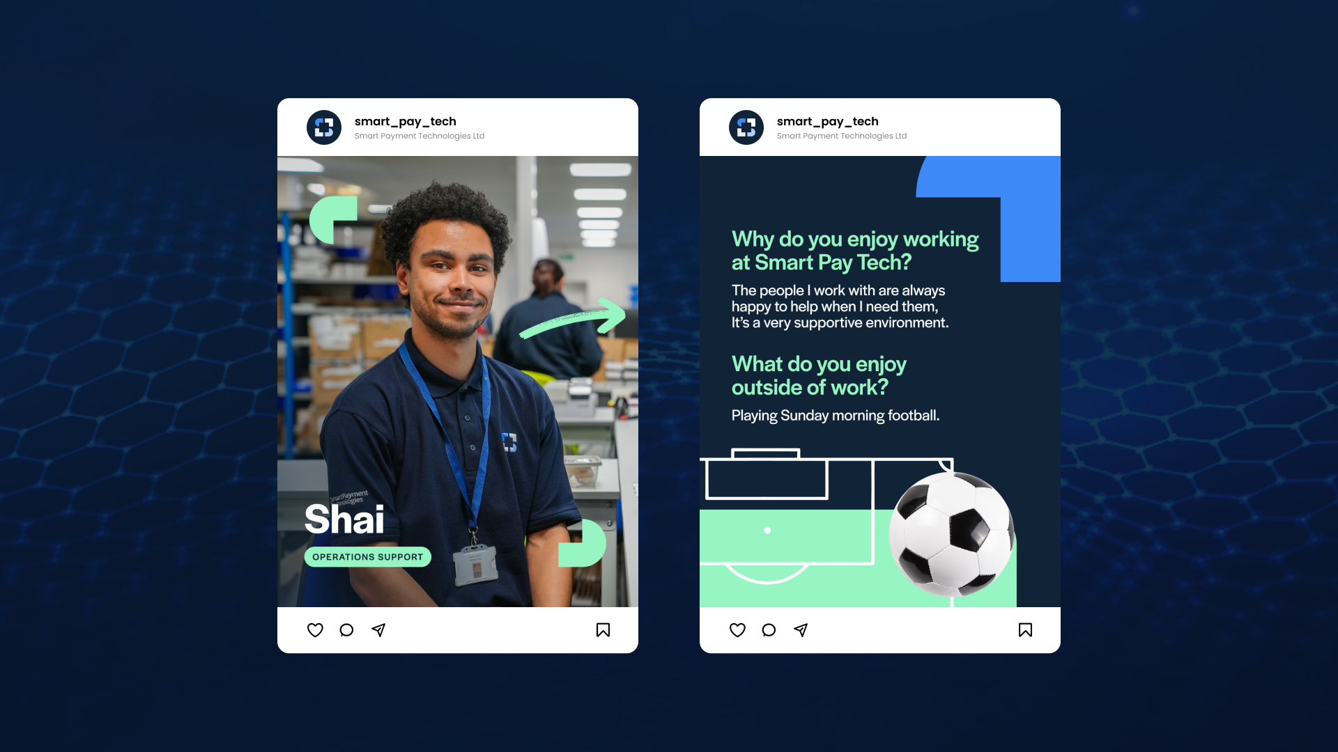 Two social media posts side by side showing the SPT style on a navy background.
