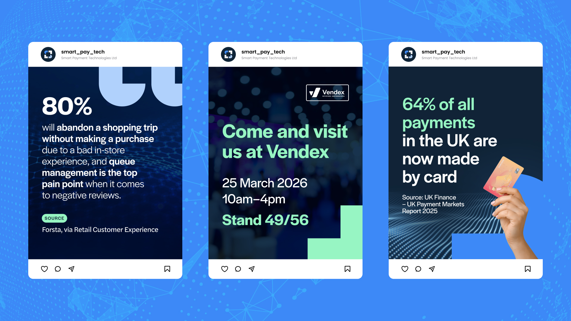 Three SPT social media posts side by side on a light blue background